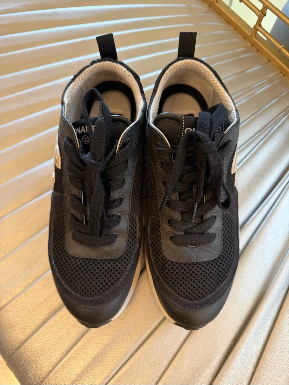 CHANEL m Black Mesh & Leather Logo Trainer with White Accents